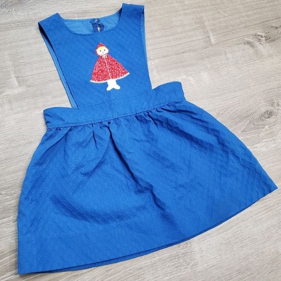 VINTAGE 1960s Pinafore Little Girl Applique Blue Jumper Dress Retro 3T
